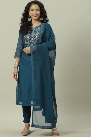 Teal Embroidered Casual Round Neck 3/4th Sleeves Ankle-Length Women Straight Fit Kurta Pant Dupatta Set