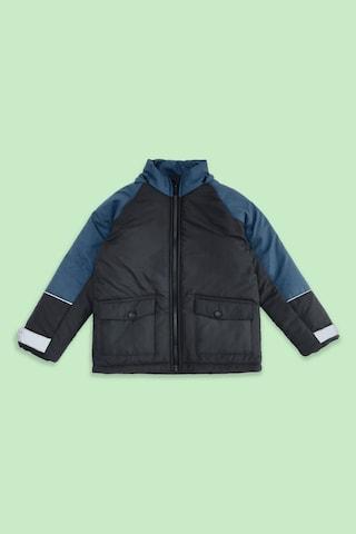 Medium Blue Cut & Sew Casual Full Sleeves Regular Hood Boys Regular Fit Jacket