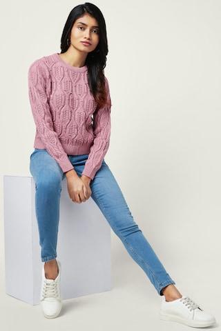 Pink Embellished Winter Wear Full Sleeves Round Neck Women Regular Fit Sweater