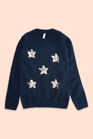 Navy Self Design Winter Wear Full Sleeves Round Neck Girls Regular Fit Sweater