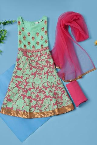 Green Print Casual Round Neck Sleeveless Full Length Girls Flared Fit Salwar Kurta Dupatta Set