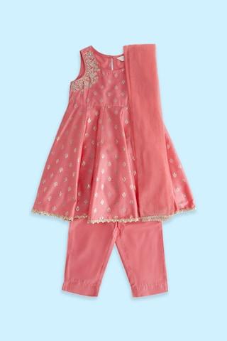 Pink Embroidered Ethnic Round Neck Sleeveless Calf-Length Girls Regular Fit Pant Kurta Dupatta Set