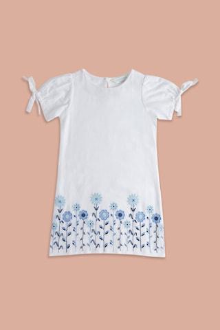 Off White Embroidered Round Neck Casual Thigh-Length Half Sleeves Girls Regular Fit Dress