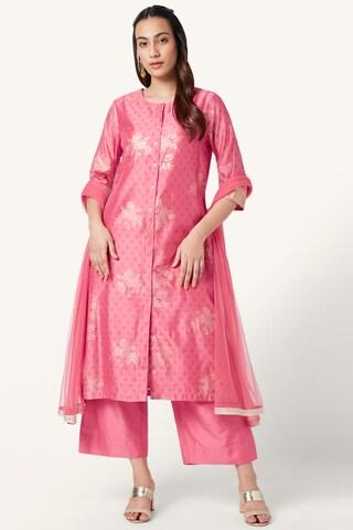 Pink Printed Ethnic Round Neck 3/4th Sleeves Calf-Length Women Regular Fit Pant Kurta Dupatta Set