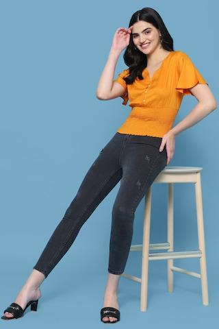 Orange Solid Fusion Half Sleeves V Neck Women Regular Fit Top
