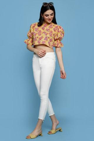 yellow-print-fusion-half-sleeves-round-neck-women-regular-fit-top