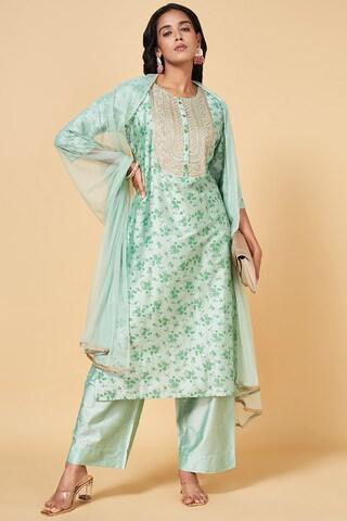 Green Embroidered Ethnic Round Neck 3/4th Sleeves Calf-Length Women Regular Fit Pant Kurta Dupatta Set