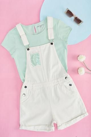 White Solid Knee Length Casual Girls Regular Fit Dungaree