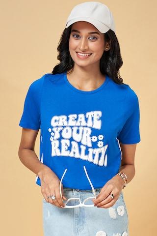 Medium Blue Printed Casual Half Sleeves Round Neck Women Regular Fit T-Shirt