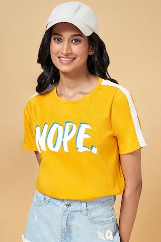Yellow Printed Casual Half Sleeves Round Neck Women Regular Fit T-Shirt