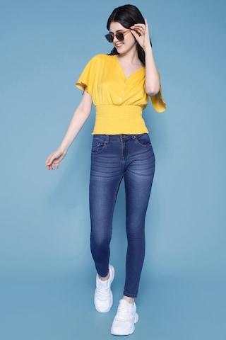 Yellow Solid Fusion Half Sleeves V Neck Women Regular Fit Top