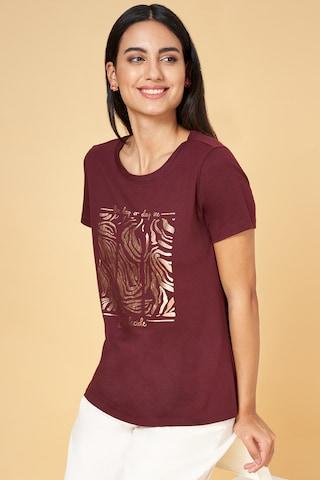 Brown Print Casual Half Sleeves Round Neck Women Regular Fit  T-Shirt