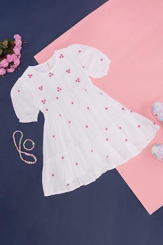 Off White Embroidered Knee Length  Casual Girls Regular Fit  Dress