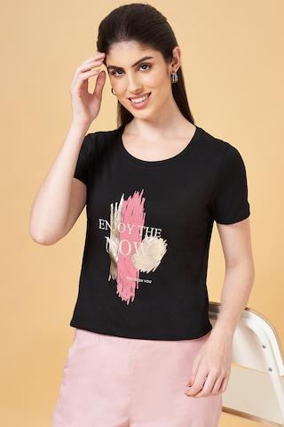 Black Print Casual Half Sleeves Round Neck Women Regular Fit  T-Shirt