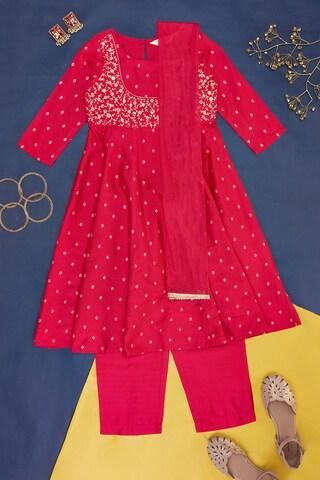 Pink Embroidered Calf-Length  Ethnic Girls Regular Fit  Churidar Kurta Dupatta Set