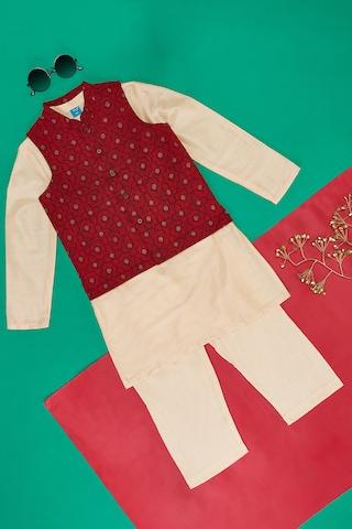 Red Print Calf-Length  Ethnic Girls Regular Fit  Kurta Pyjama Set