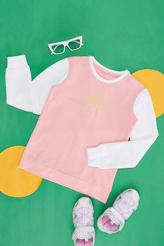 Pink Print Casual Full Sleeves Round Neck Girls Regular Fit Sweatshirt