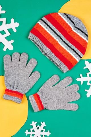 Medium Grey Stripe Winterwear Cap & Gloves Set