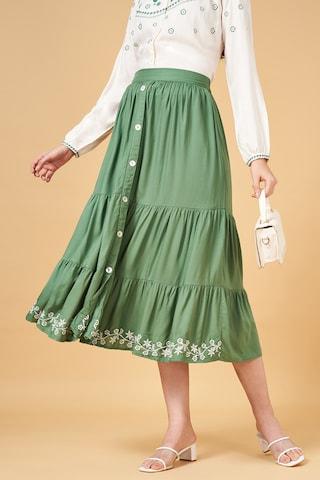 Green Embroidered Full Length  Casual Women Comfort Fit  Skirt