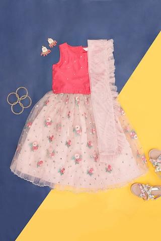 Pink Embroidered Full Length  Ethnic Girls Regular Fit  Lehenga Set