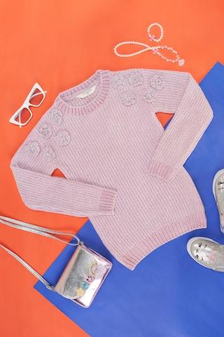 Pink Solid Winterwear Full Sleeves Round Neck Girls Regular Fit  Sweater