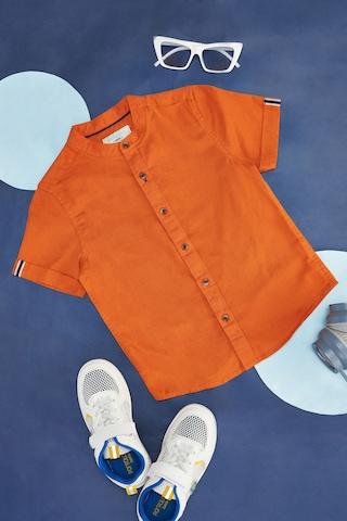 orange-solid-casual-half-sleeves-band-collar-boys-regular-fit--shirt