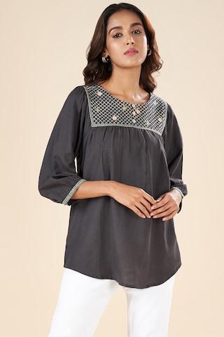 Charcoal Embroidered Casual 3/4th Sleeves Round Neck Women Regular Fit  Tunic