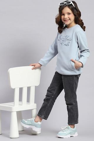 Light Blue Embroidered Casual Full Sleeves Round Neck Girls Regular Fit Sweatshirt