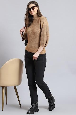 brown-textured-casual-3/4th-sleeves-crew-neck-women-regular-fit-top