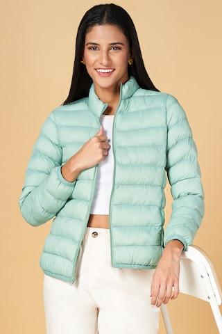 Light Green Quilted Casual Full Sleeves High Neck Women Comfort Fit  Jacket