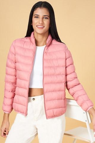 Peach Quilted Casual Full Sleeves High Neck Women Comfort Fit  Jacket