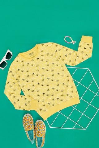 Yellow Print Casual Full Sleeves Round Neck Girls Comfort Fit  Sweatshirt