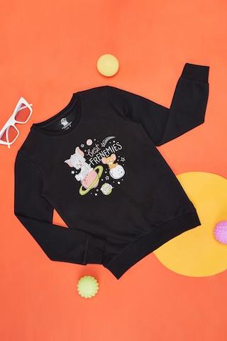 Black Print Casual Full Sleeves Round Neck Girls Comfort Fit Sweatshirt