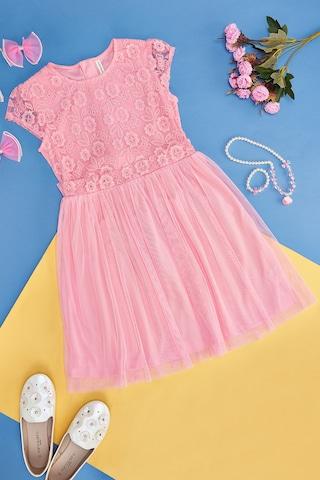 pink-mesh-mesh-round-neck-girls-regular-fit-dresses