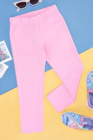 Pink Solid Cotton Polyester Spandex Girls Regular Fit Jeggings