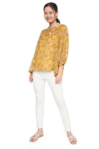 yellow-print-polyester-key-hole-neck-women-comfort-fit-tops
