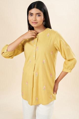 Mustard Embroidered Cotton Flax Mandarin Women Regular Fit Tunics