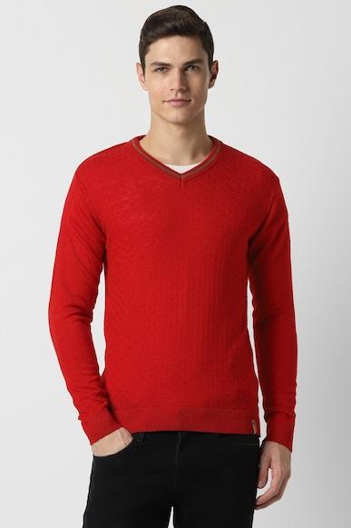 men-red-textured-v-neck-sweater