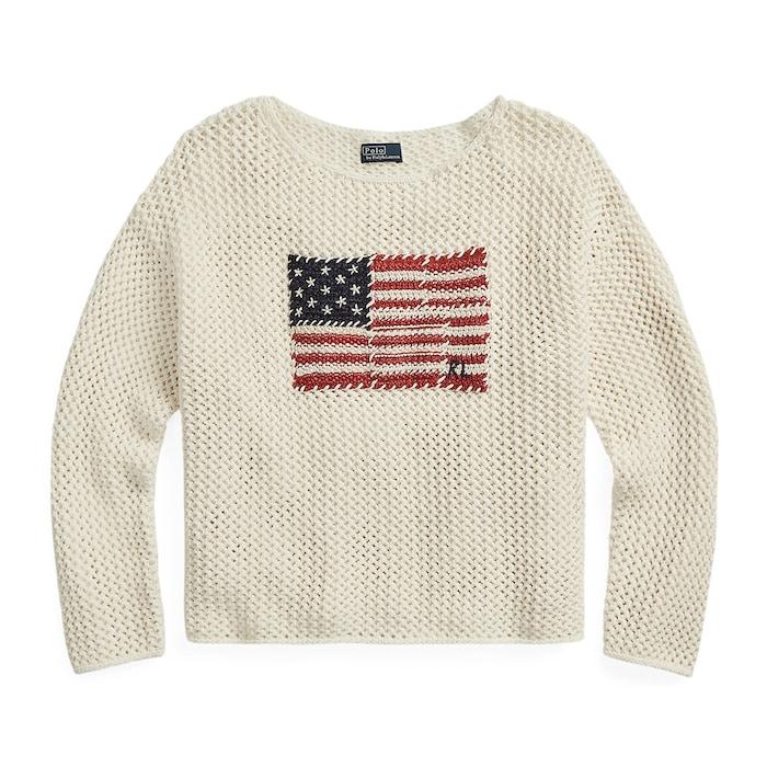 Women Cream Patchwork-Flag Cotton-Linen Sweater