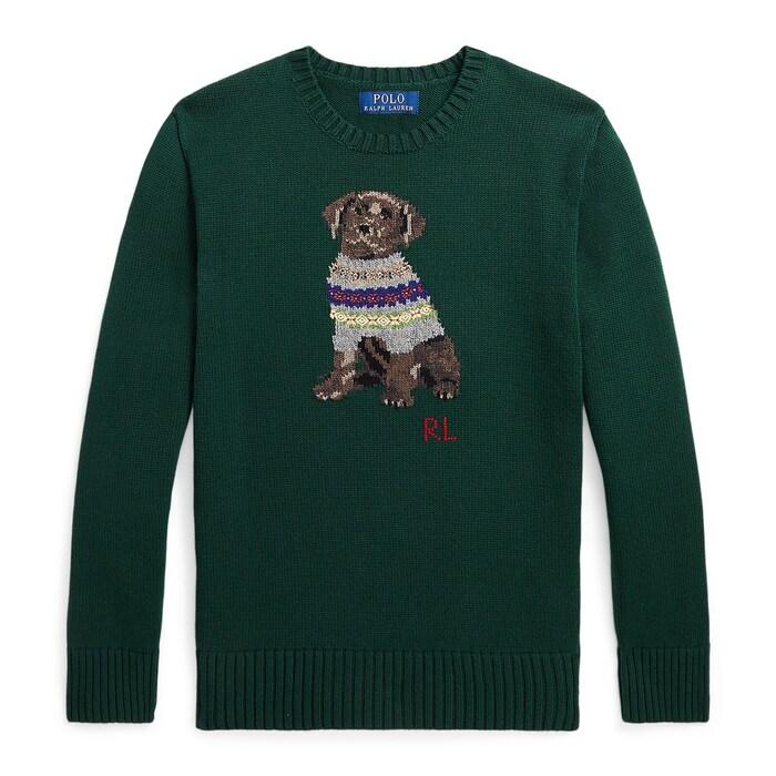 Boys Dark Green Dog-Intarsia Crewneck Sweater