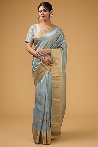 Greyish-Blue Silk Floral Motif Embroidered Saree Set
