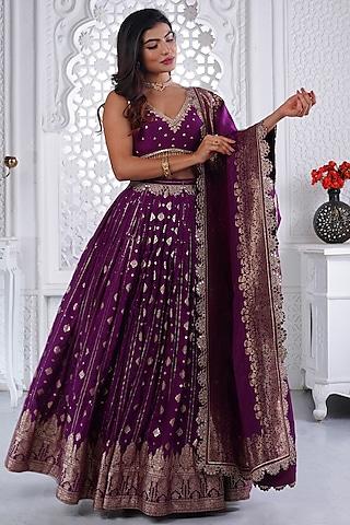 Purple Silk Brocade Sequins & Resham Hand Embellished Lehenga Set