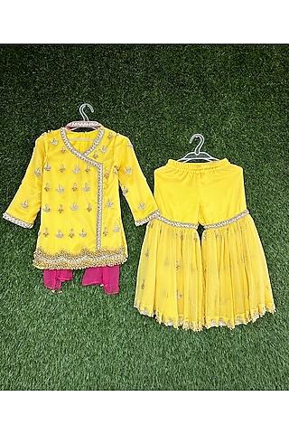 Yellow Chiffon Zardosi Motifs Embroidered Sharara Set For Girls