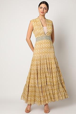 Mustard Printed Ruffled Gown With Belt