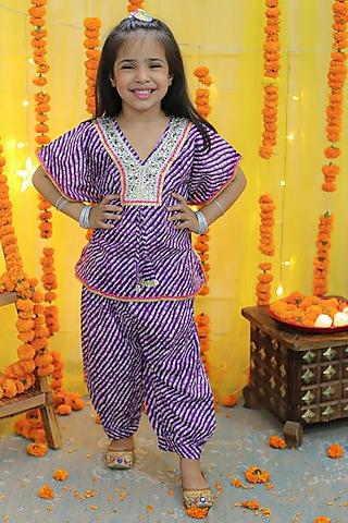 Purple Pure Cotton Embellished Kaftan Set For Girls