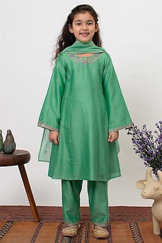 Green Chanderi Silk Embroidered A-line Kurta Set For Girls