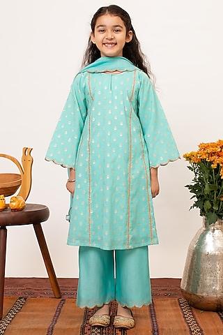 Blue Chanderi Silk A-line Kalidar Kurta Set For Girls