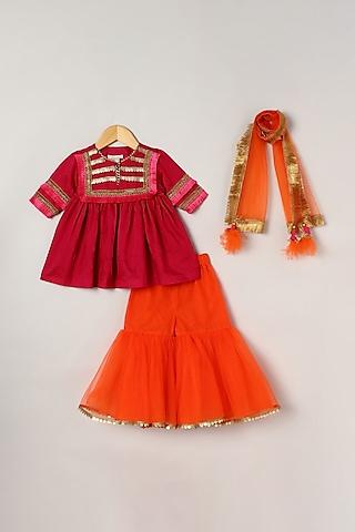 Orange Tulle Sharara Set For Girls