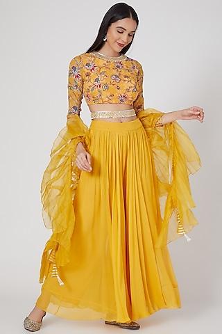 Yellow Printed & Embroidered Palazzo Pant Set For Girls