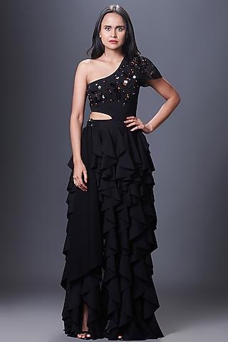 black-ponte-roma-one-shoulder-ruffled-dress
